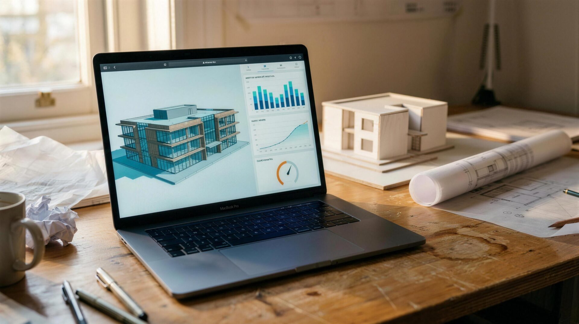 Energy modelling software for architects shown on a laptop running the FREDS building energy analysis dashboard at a design desk