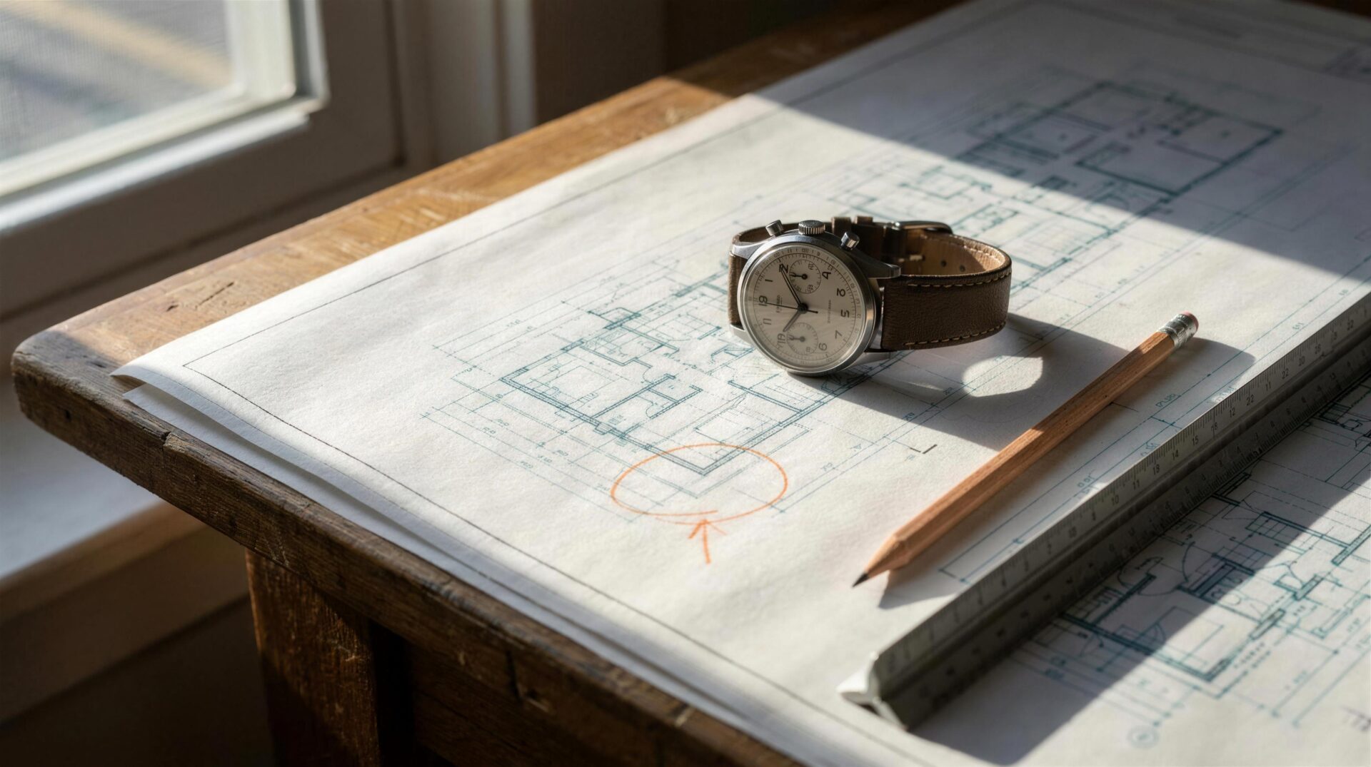 Building performance simulation concept: a stopwatch resting on detailed architectural blueprints showing speed and precision