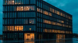 Building energy simulation and occupancy shown by a modern office building at dusk with a scattered pattern of lit and dark floors