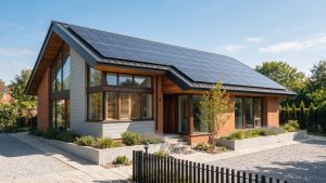 Net zero building design software concept: a modern low-energy house with rooftop solar PV array under strong sun, built for a warming climate