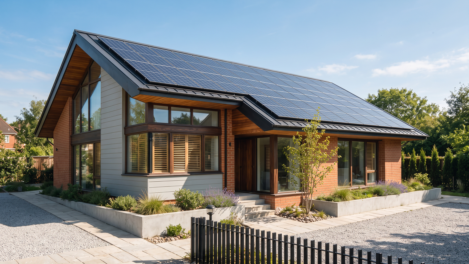 Net zero building design software concept: a modern low-energy house with rooftop solar PV array under strong sun, built for a warming climate