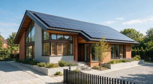 Net zero building design software concept: a modern low-energy house with rooftop solar PV array under strong sun, built for a warming climate