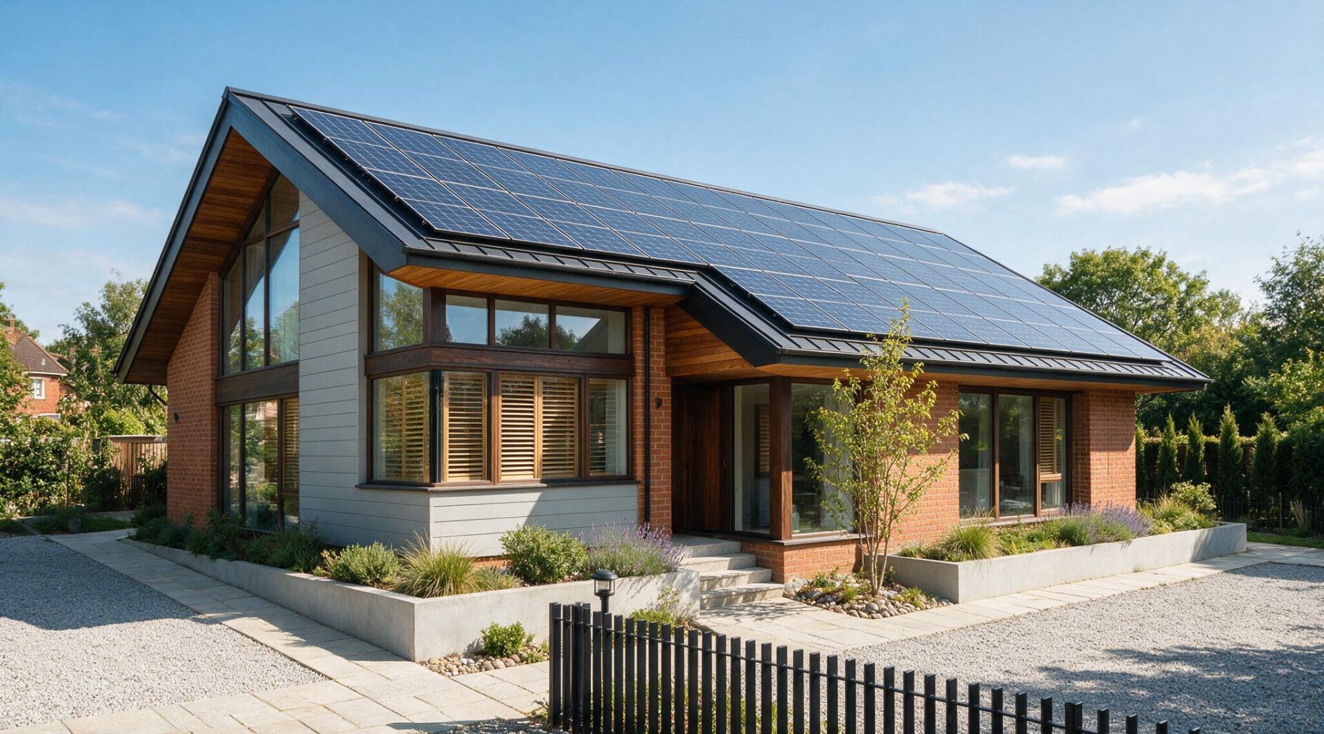 Net zero building design software concept: a modern low-energy house with rooftop solar PV array under strong sun, built for a warming climate