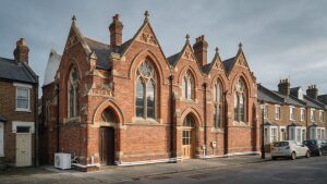 Thermal comfort simulation for heritage retrofit: red-brick Victorian Gothic community hall exterior with pointed-arch windows and gables