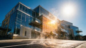 Climate resilience building design: a modern glazed building under intense summer sun and heat haze, upper floors most exposed to overheating