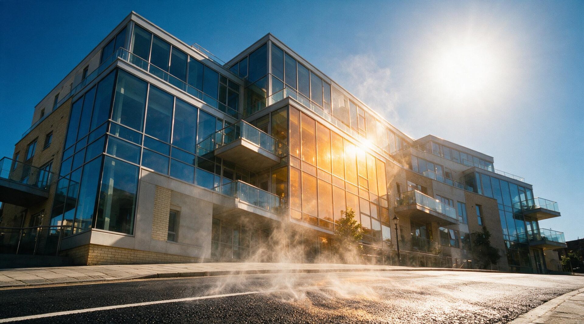 Climate resilience building design: a modern glazed building under intense summer sun and heat haze, upper floors most exposed to overheating