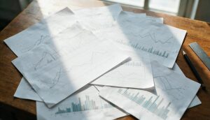 Energy modelling programs occupancy data: many conflicting profile charts resolved into one harmonised curve on a desk